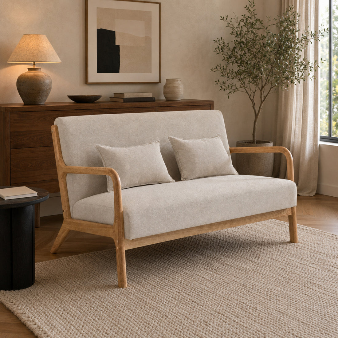 Sillón Olia de 2 cuerpos en chenille beige con estructura de madera clara, visto en ángulo en un living.