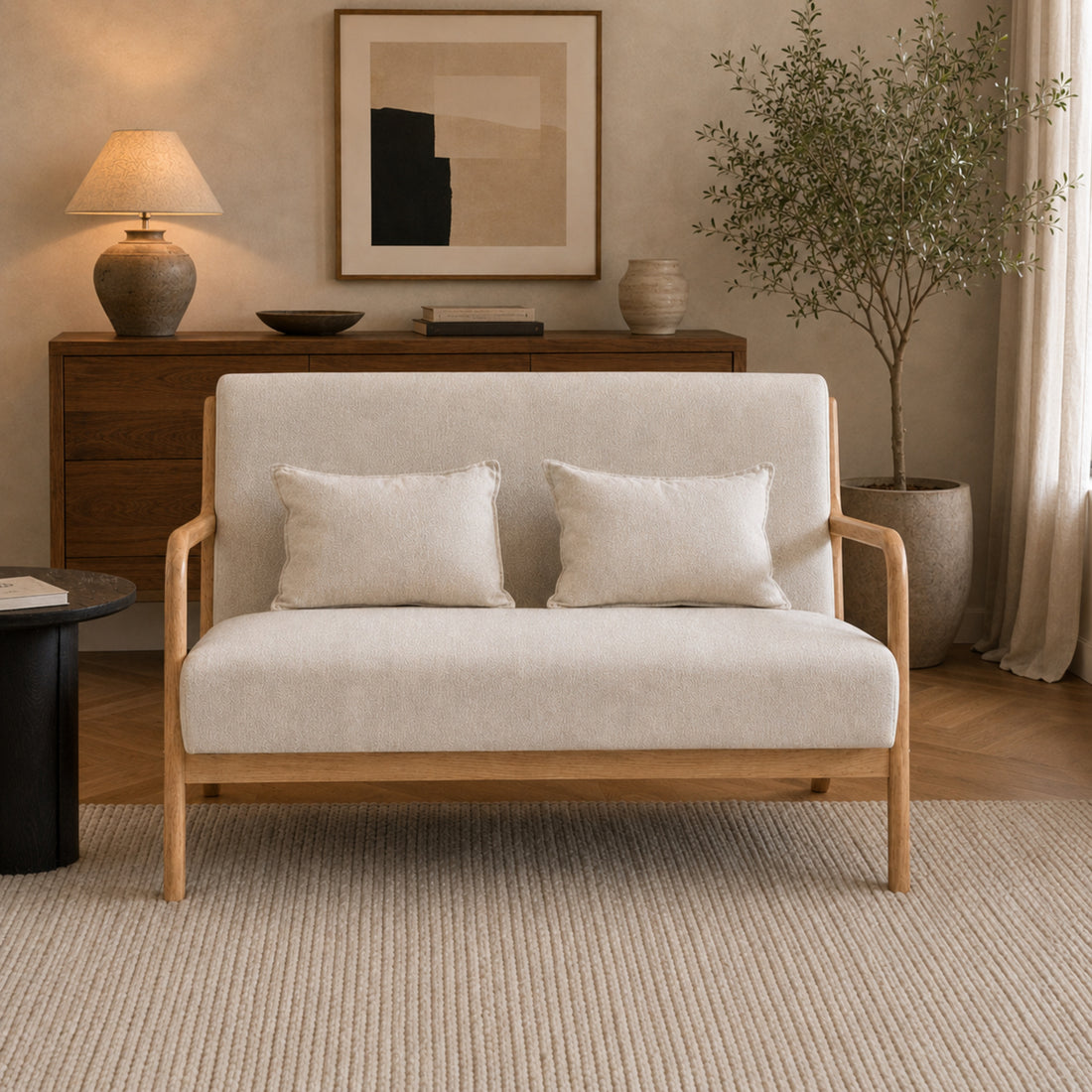 Vista frontal del sillón Olia de 2 cuerpos tapizado en beige con patas y apoyabrazos de madera natural.