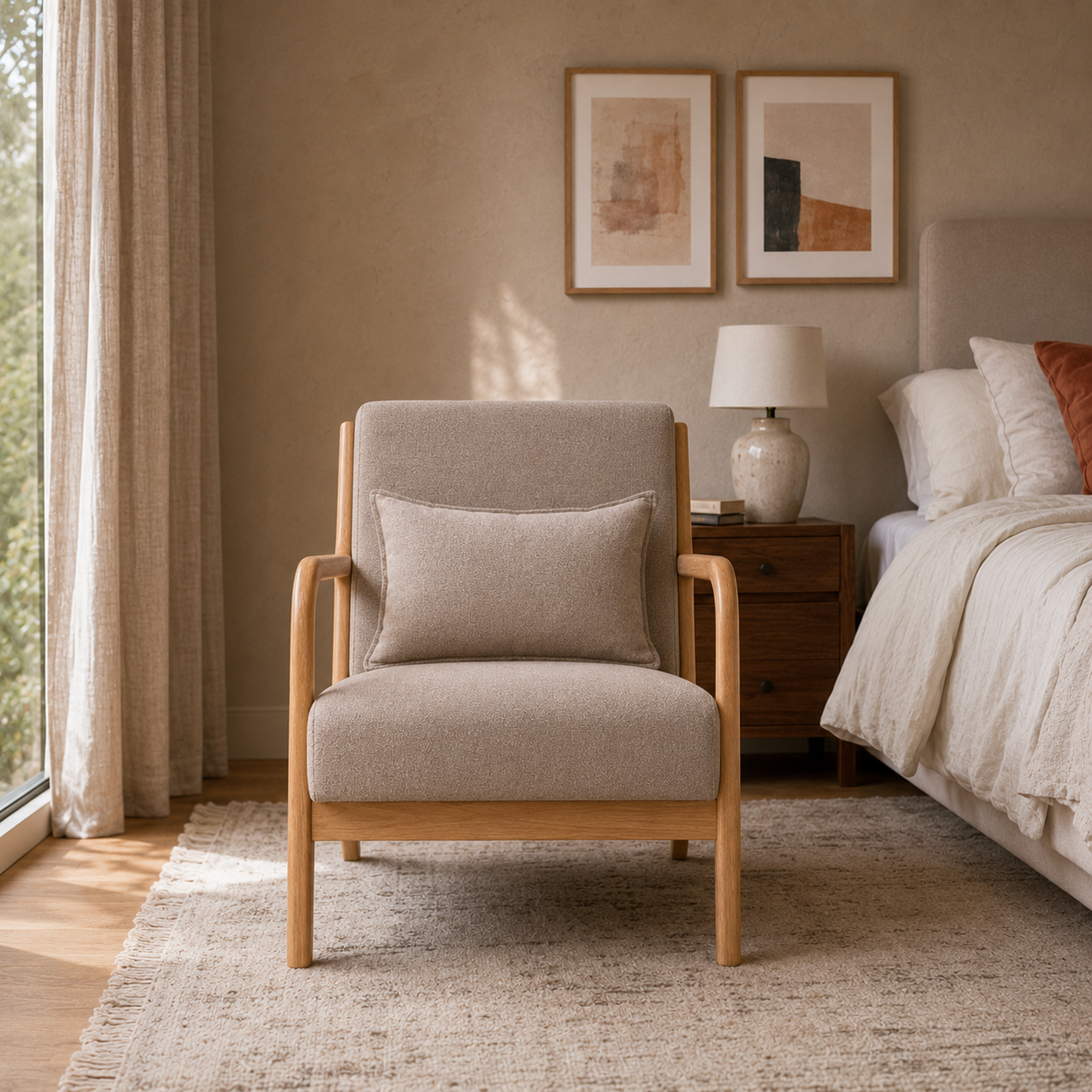Sillón Olia Chenille Taupe Base Natural