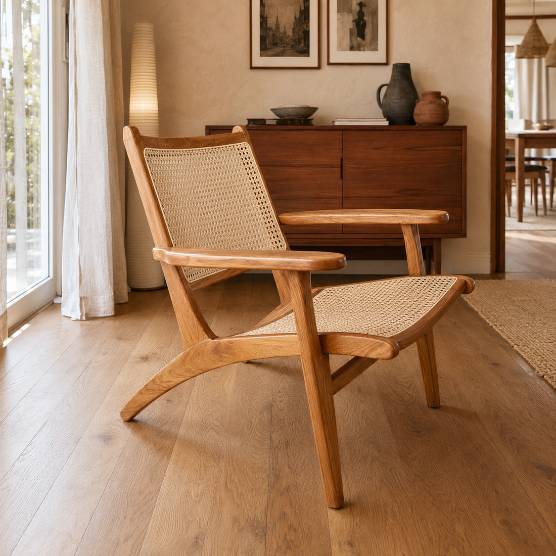 Sillón Pilar de madera de teka y esterilla en vista de tres cuartos dentro de un living.