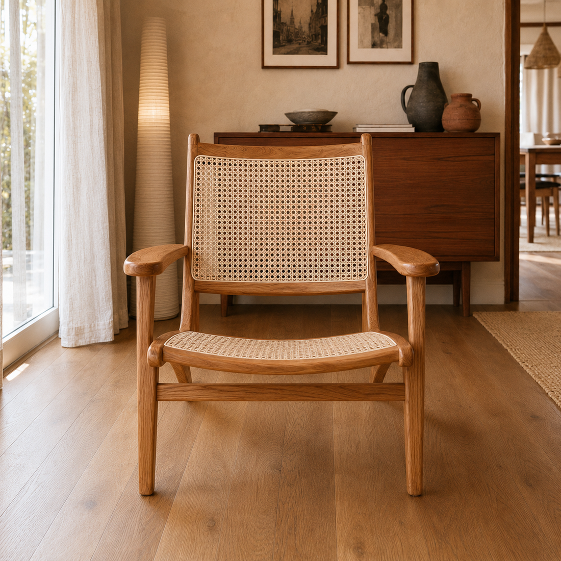 Vista frontal del Sillón Pilar Teka con respaldo y asiento de esterilla clara y estructura laqueada.