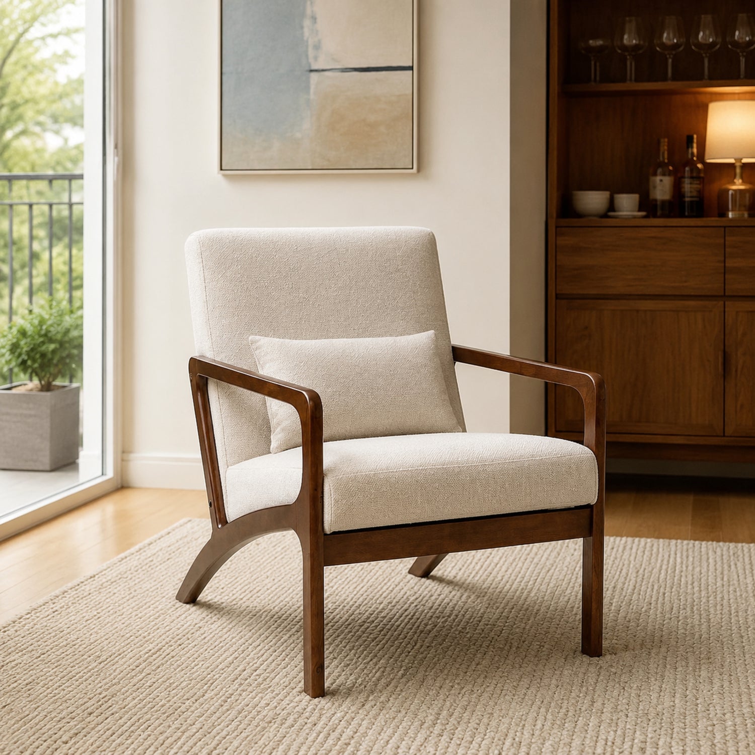 Sillón Laurel Chenille Beige Base Walnut