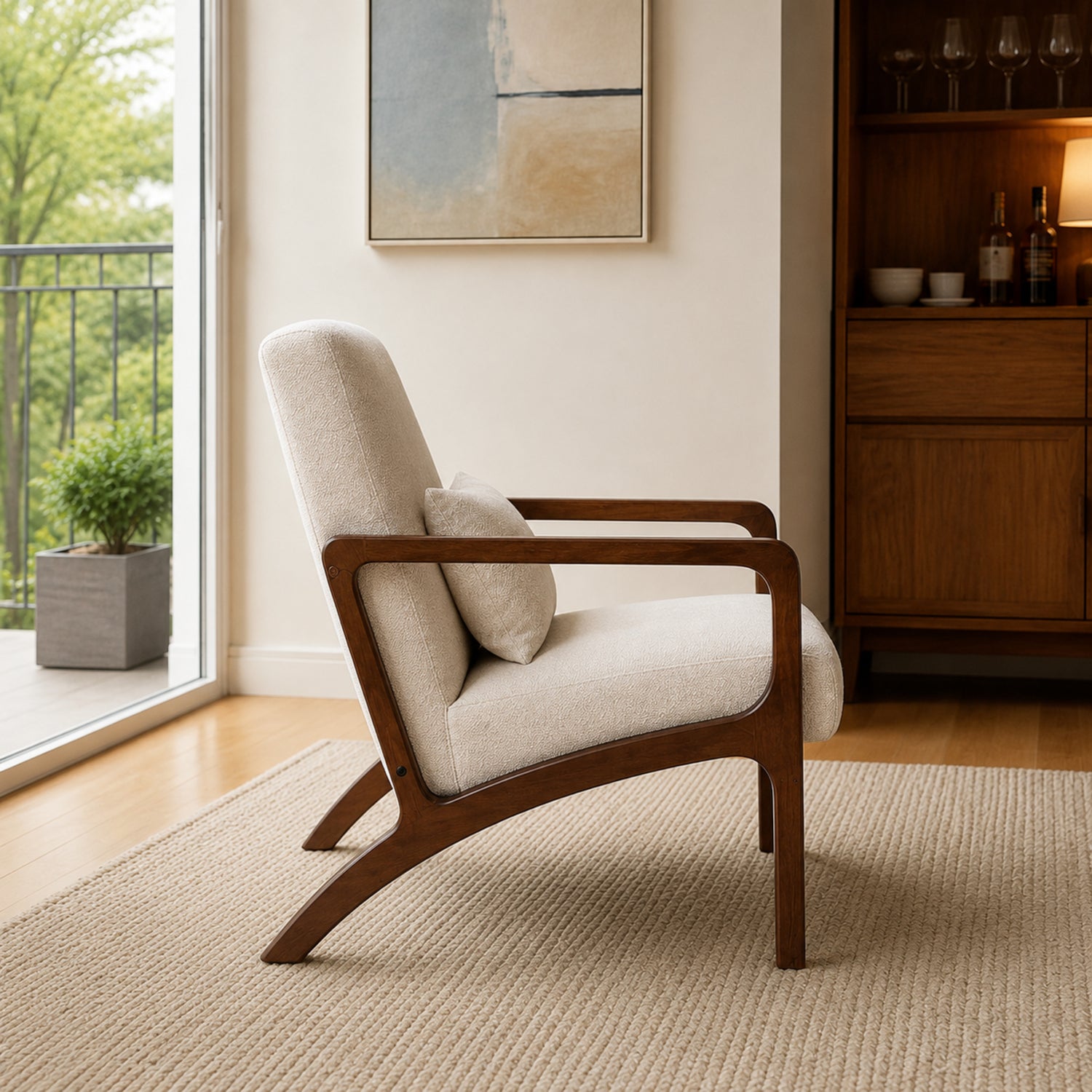 Sillón Laurel Chenille Beige Base Walnut