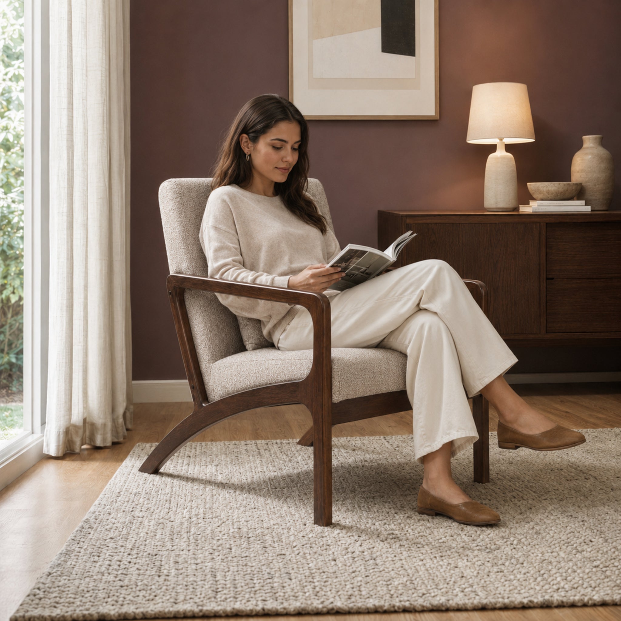 Sillón Riga Chenille Taupe Base Walnut